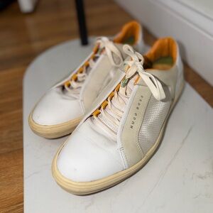 Hugo Boss White Leather and Orange Beige Suede Trim Men's Sneakers | Size 44